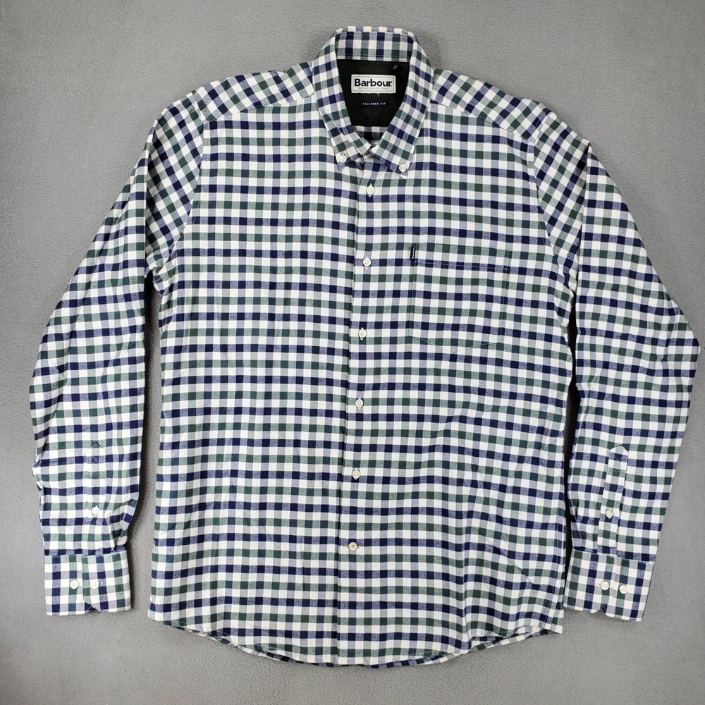 Barbour Button Down Shirt Men M Blue Green Gingham Moss Flannel Tailored Fit